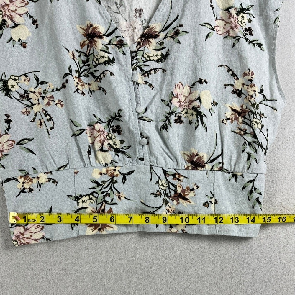Womens Floral Linen Blend V-Neck Button Front Smocked Crop Top Blue M - Picture 8 of 8